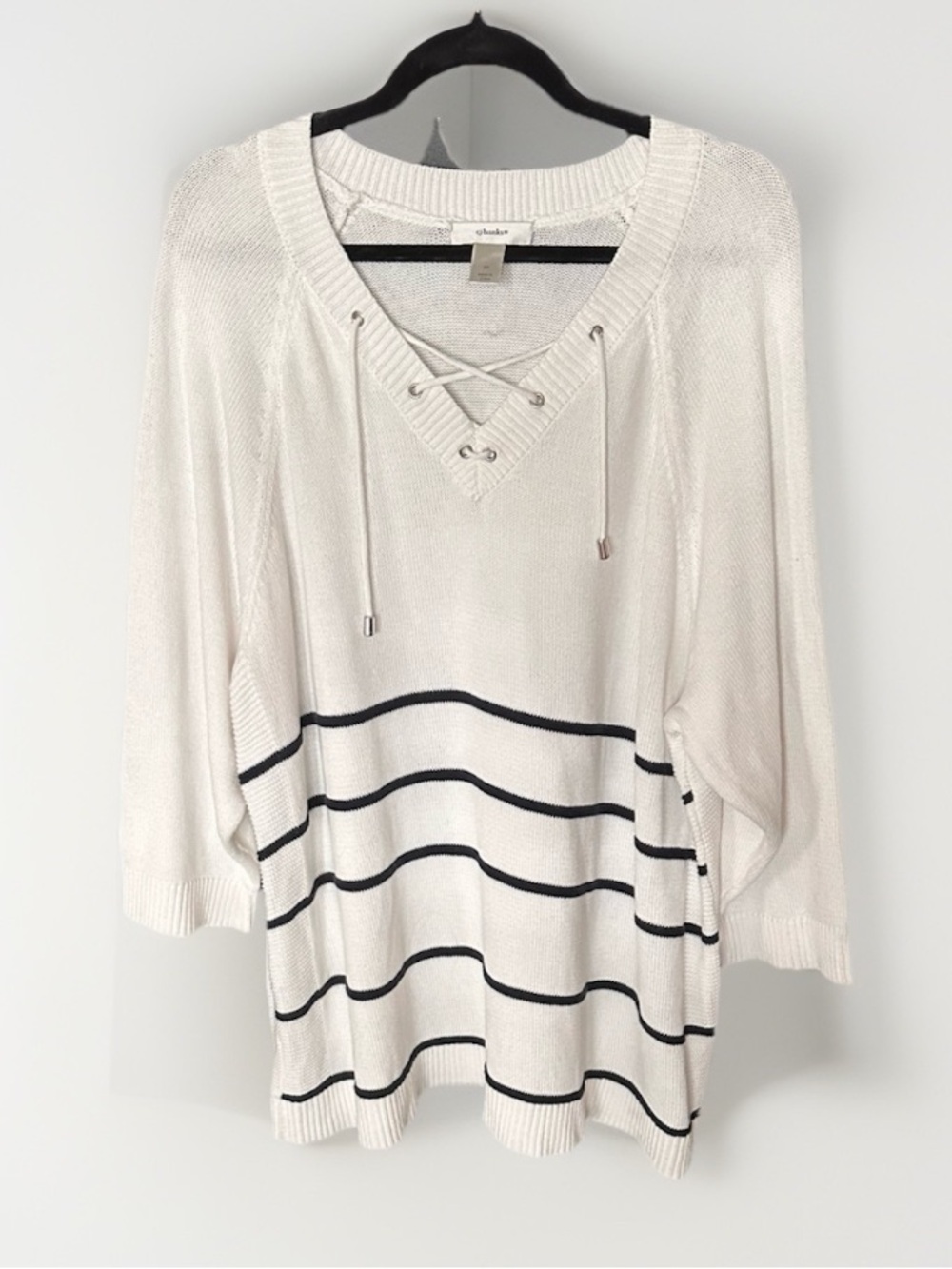 CJ Banks Womens 3X White Navy Striped Lace Up‎ V-Neck Cotton Knit Sweater Top